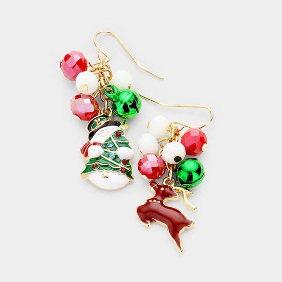 Pierced 2" gold, green, red and white bead Snowman and Reindeer dangle earrings - Picture 1 of 1